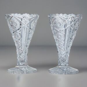 2 VTG EAPG Imperial Glass Vases  Starburst Pattern Clear Pressed Glass Heavy EUC